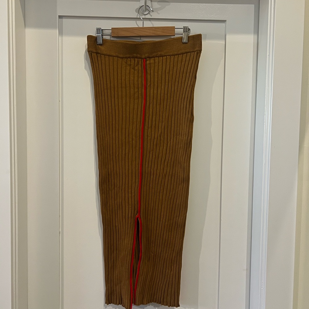 Zara Ribbed Knit Midi Skirt in Camel with Red Stripe